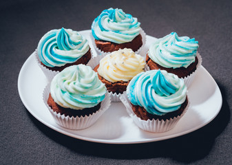 Chocolate caramel cupcake with nuts and butterscotch syrup