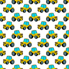 Cute kids pattern for girls and boys. Colorful car, tractor on the abstract bright background create a fun cartoon drawing.The background is made in blue colors.Urban backdrop for textile and fabric