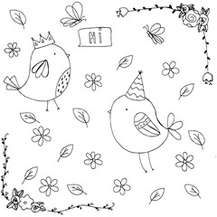 Cute little birds say hi isolated on white with wild flower background vector design.