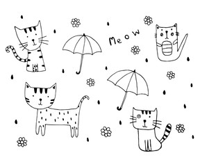 hand drawn of Cute little kitten doodle with rain drop and umbrella on background. Vector illustration design.
