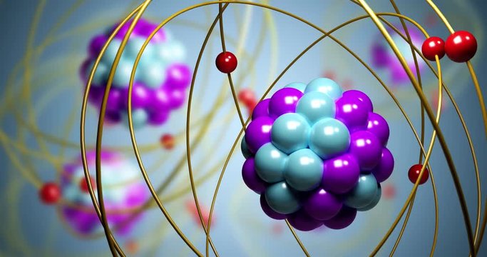 Elementary particles moving in atom. Physics concept. 3D rendered looping animation.