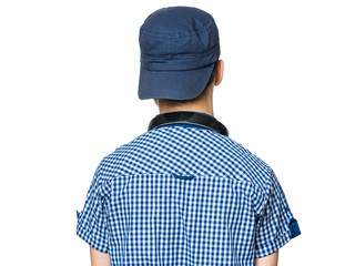 Portrait of young student with cap and headphones, isolated on white background. Close-up of back view.