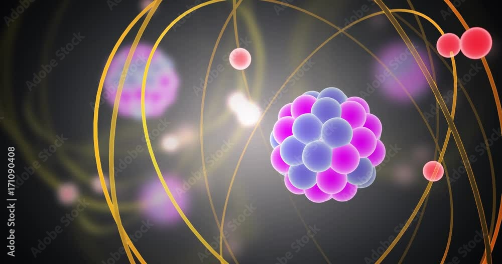 Wall mural elementary particles moving in atom. physics concept. 3d rendered looping animation.