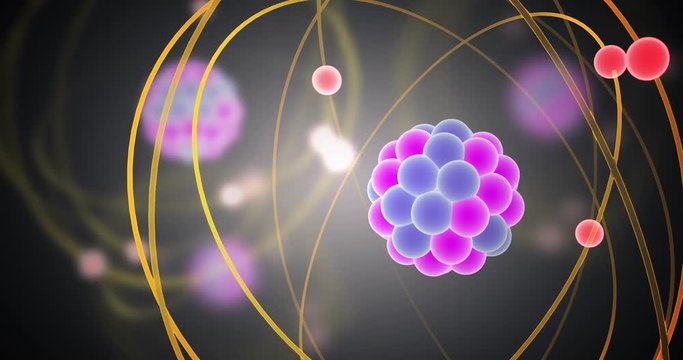 Elementary particles moving in atom. Physics concept. 3D rendered looping animation.