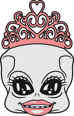 zahnspange prinzessin königin hübsch mädchen krone klein alien kopf gesicht süß niedlich horror ausserirdischer halloween comic cartoon