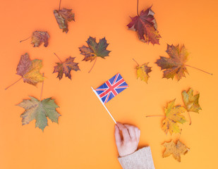 Above view at hands holding Great Britain flag