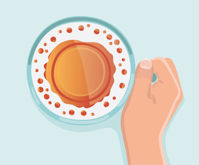 Person is eating Grilled sausages with glass of beer on wooden table. Top view Vector illustration eps 10