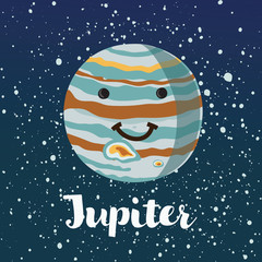 Vector illustration planet Jupiter in retro flat cartoon style. Poster for children room, education. Jupiter card composition of the planets, stars, comets, constellations, space ship