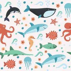 Rolgordijnen naadloos patroon met kleurrijke zeedieren © iracosma