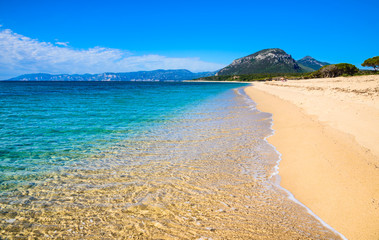 Blue sea and gold beach background with text space, Sardinia, Italy, summer travel vacation.