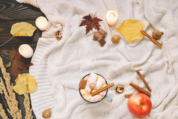 Autumn frame made of dried fall leaves, mug of cocoa with marshmellows, nuts, cinnamon, plaid, apples. Top view on brown wood background