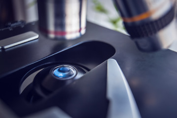 Optical microscope - science and laboratory equipment. Microscope is used for conducting planned, research experiments, educational demonstrations in medical and health institutions, lab.