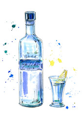 Bottle of vodka and glasses.Picture of a alcoholic drink.Watercolor hand drawn illustration.Isolated sketch.