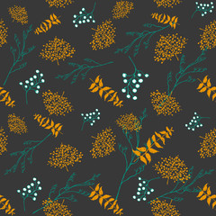 Fototapeta na wymiar Different leaves silhouettes seamless pattern. Orange, yellow and green leaves and berries on dark gray background. Hand drawn floral elements.