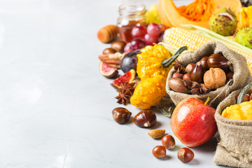 Fall autumn harvest background with pumpkin apple chestnut corn