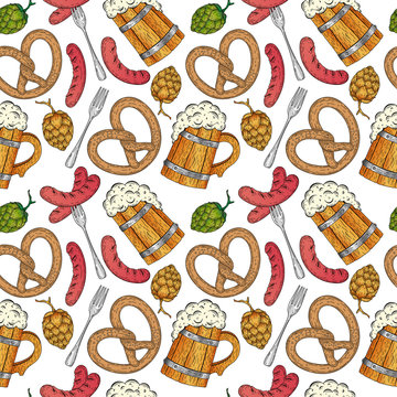 Cartoon colorful hand drawn doodles Oktoberfest seamless pattern. Detailed vector illustration with grilled sausage, hop, wooden beer mug, pretzel. Beer festival flyer, bar menu background.