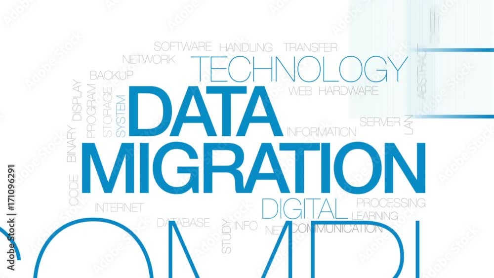 Poster data migration animated word cloud, text design animation. kinetic typography.