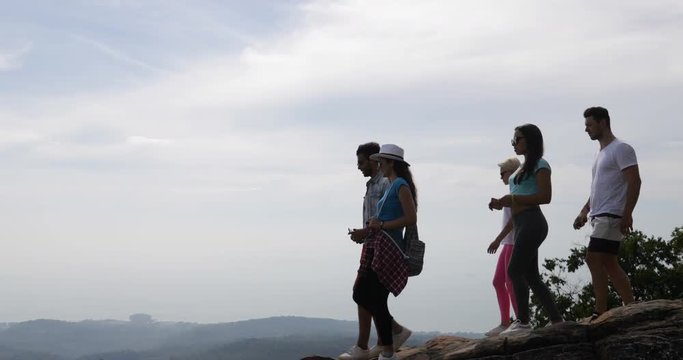Group Of Tourists On Mountain Top, People Enjoy Landscape With Sunrise Taking Photos On Cell Smart Phone Slow Motion 60