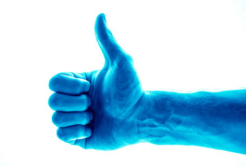 Like concept. Voting hand on blue background. One hand making thumb up gesture