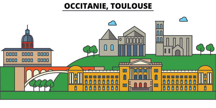 France, Toulouse, Occitanie. City skyline: architecture, buildings, streets, silhouette, landscape, panorama, landmarks. Editable strokes. Flat design line vector illustration. Isolated icons