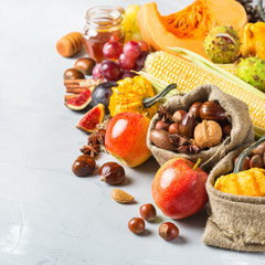 Fall autumn harvest background with pumpkin apple chestnut corn