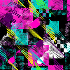 Abstract sport seamless pattern for girls, boys, clothes. Creative sport vector background with dots, geometric figures,stripes inscriptions.Funny sport wallpaper for textile and fabric.