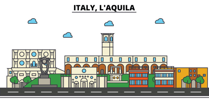 Italy, L'aquila. City skyline: architecture, buildings, streets, silhouette, landscape, panorama, landmarks. Editable strokes. Flat design line vector illustration concept. Isolated icons