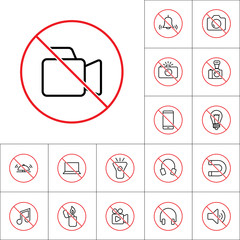 thin line no video shooting sign, gadget prohibitions set