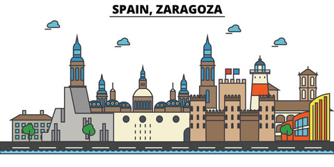Spain, Zaragoza. City skyline: architecture, buildings, streets, silhouette, landscape, panorama, landmarks. Editable strokes. Flat design line vector illustration concept. Isolated icons