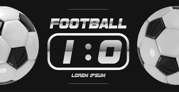Soccer or Football White Banner With 3d Ball and Scoreboard on white background. Soccer game match goal moment with ball in the net.