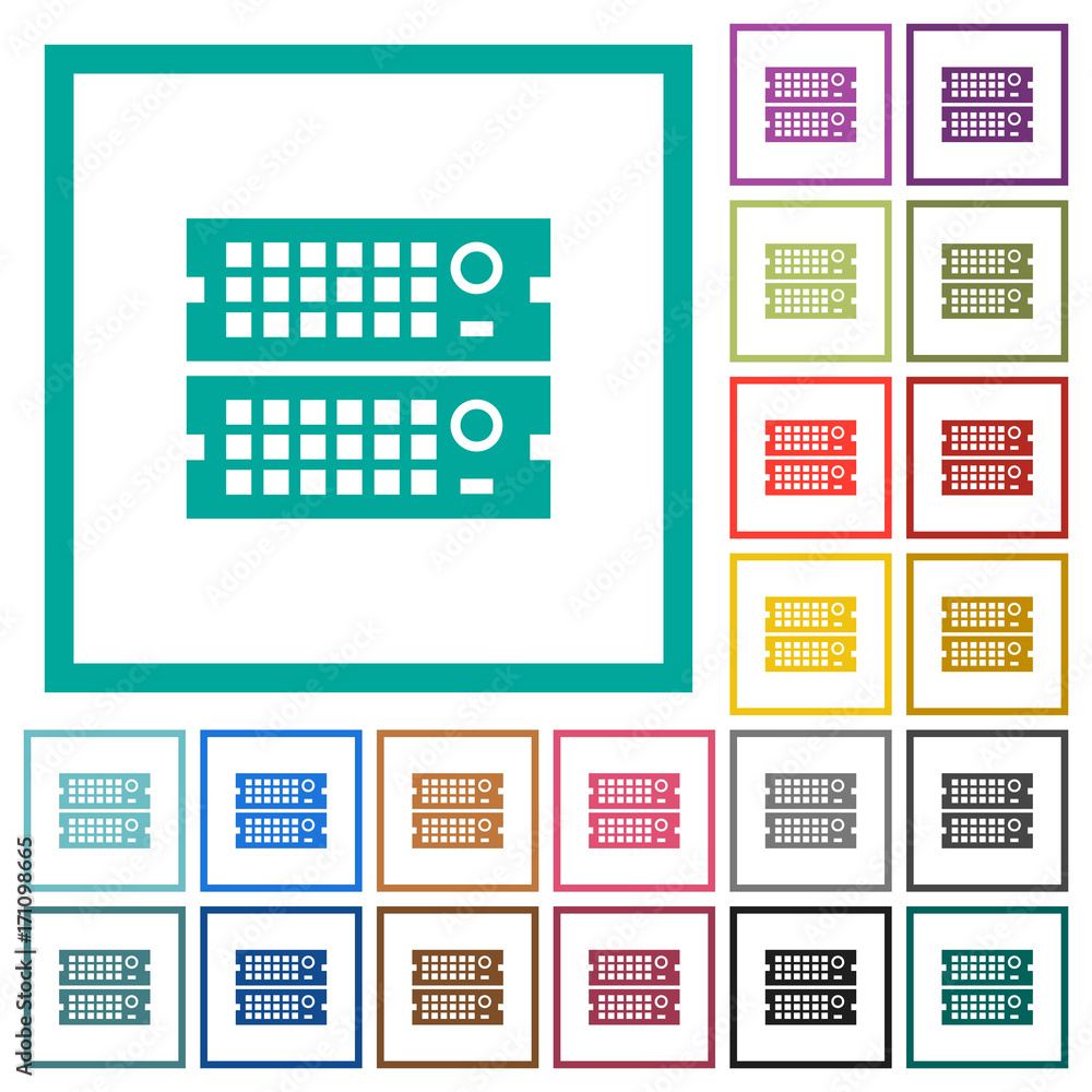 Poster rack servers flat color icons with quadrant frames