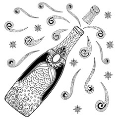 Champagne bottle. Doodle and zentangle style. Hand drawn coloring book. Vector illustration.