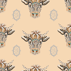 Head of cow. Ornamental seamless  pattern. Vector illustration.