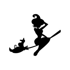 Silhouette of witch on broom. Vector illustration.