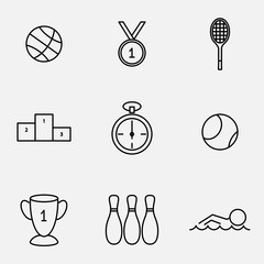 Vector icon set. Black and white vector illustration of sports. Basketball, medal, tennis. Ñhampion, stopwatch, ball. Cup, bowling, swimming.