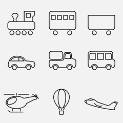 Vector icon set. Black and white vector illustration of transport. Vintage, passenger, freight train. Car, truck, bus. Helicopter, balloon, airplane.