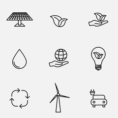 Vector icon set. Black and white vector illustration of ecology. Solar panel, plant on palm. Drop, globe on palm, eco bulb. Cyclic, electric, eco car.
