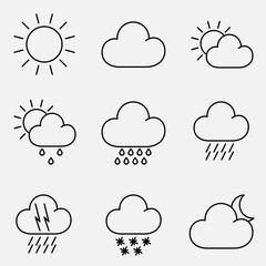 Vector icon set. Black and white vector illustration of the weather. Sun, cloud. Rain, thunderstorm. Zipper, snow, moon.