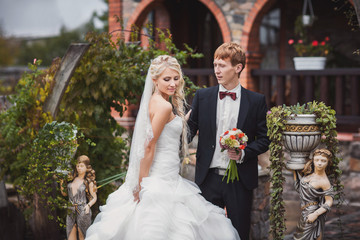 Wedding. Bride and groom in love, autumn wedding day