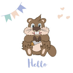 Cute little beaver with pencil, flags and hearts.