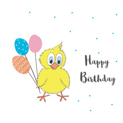 Cute little chicken with balloons and words Happy Birthday.