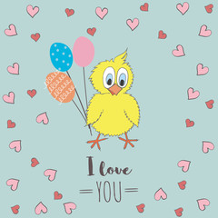 Cute little chicken with balloons, hearts and words I Love You.