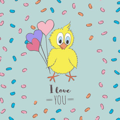 Cute little chicken with balloons, hearts and words I Love You.