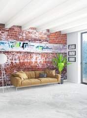 Vertical Bedroom Minimal or Loft style Interior Design. 3D Rendering. Concept idea.