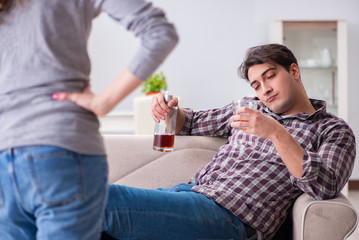 Drinking problem drunk husband man in a young family concept