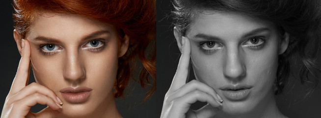 Woman face before and after cosmetic procedure. Plastic surgery concept.