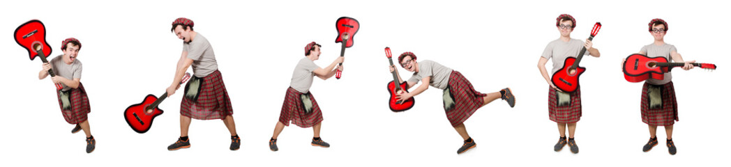 Scotsman playing guitar isolated on white