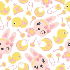 Seamless pattern of cute bunny girls and baby shower items vector cartoon illustration for baby shower wrapping paper, fabric clothes, and wallpaper