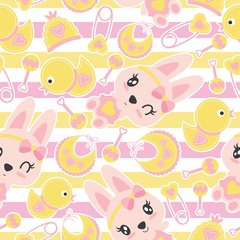 Seamless pattern of cute bunny girls and baby shower items on striped background vector cartoon illustration for baby shower wrapping paper, fabric clothes, and wallpaper