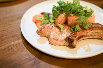  Pork shop grill steak in white disc